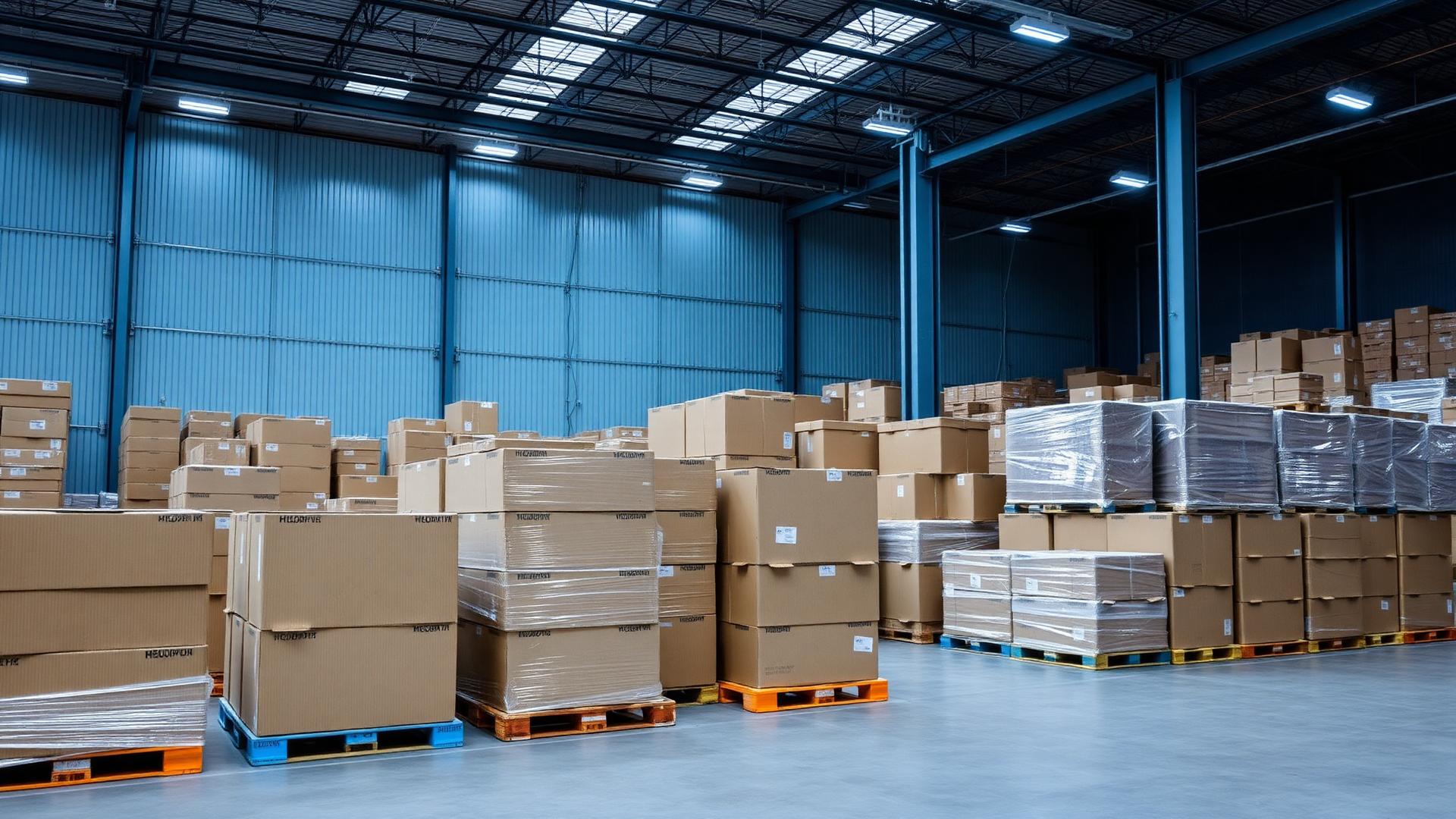 Warehouse stacked with corrugated boxes and stretch-wrapped pallets